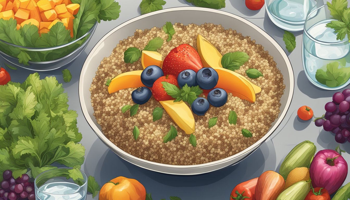 A bowl of roland organic quinoa surrounded by fresh vegetables and fruits, with a glass of water on the side