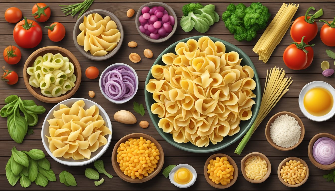 A colorful array of conchiglie pasta, surrounded by an assortment of fresh vegetables and various proteins, displayed on a rustic wooden table