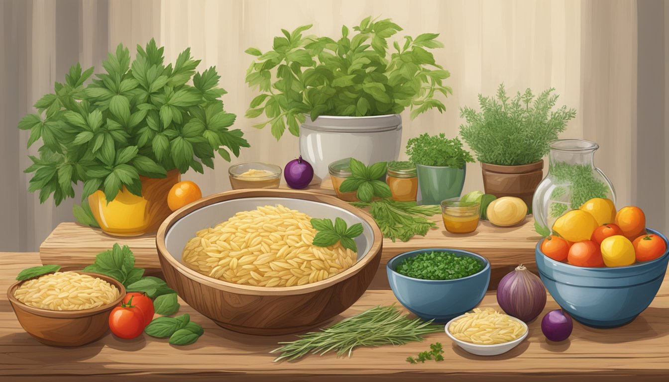 A rustic wooden table with bowls of orzo pasta, fresh herbs, and colorful Mediterranean ingredients