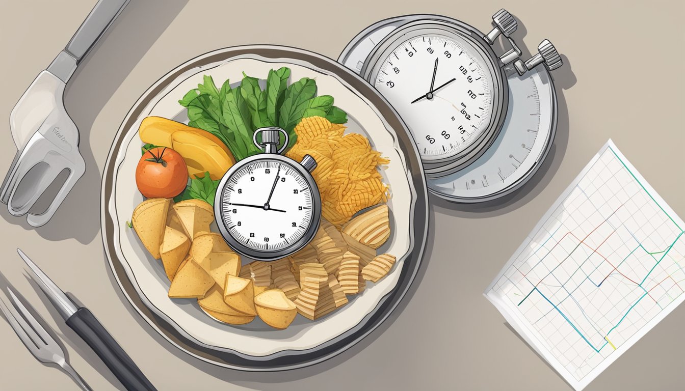 A stopwatch next to a plate of food, with a graph showing performance improvement