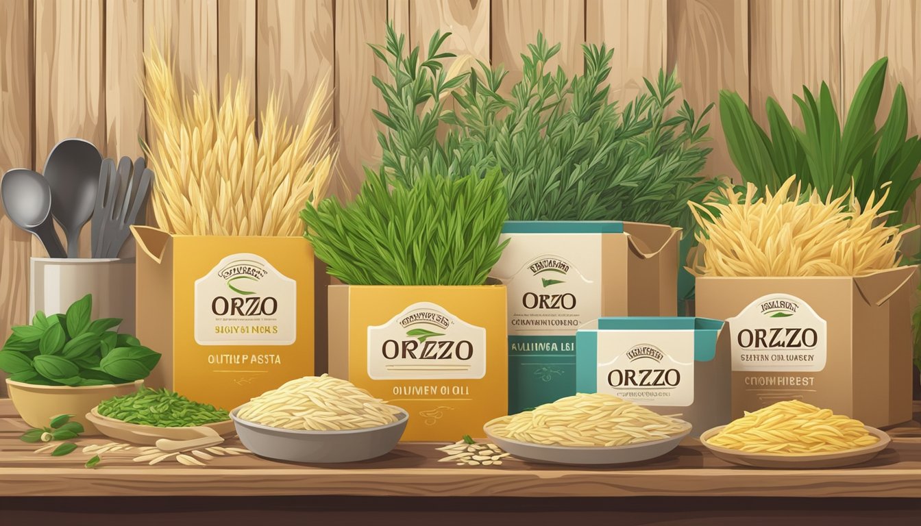 A colorful array of orzo pasta boxes arranged on a rustic wooden table, surrounded by fresh herbs, olive oil, and cooking utensils