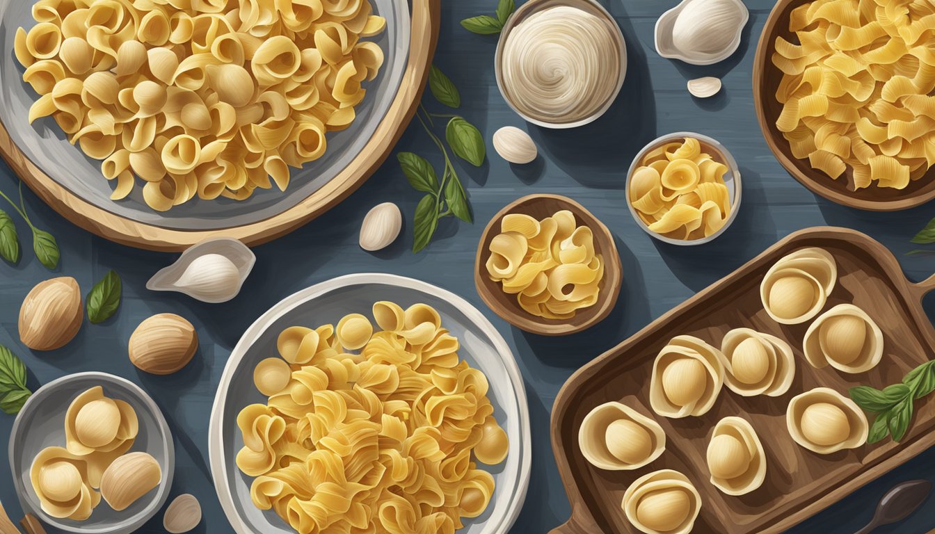 A rustic kitchen table with assorted types of alternative pasta scattered on top, including orecchiette and conchiglie. A warm, inviting atmosphere with natural light streaming in through a nearby window