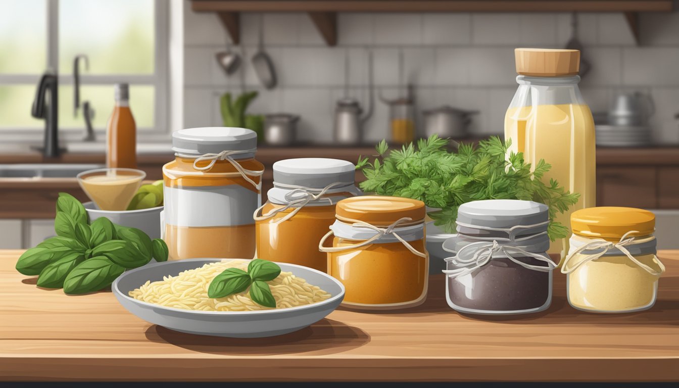 A rustic kitchen counter with assorted sauces, fresh herbs, and a bag of premium orzo pasta