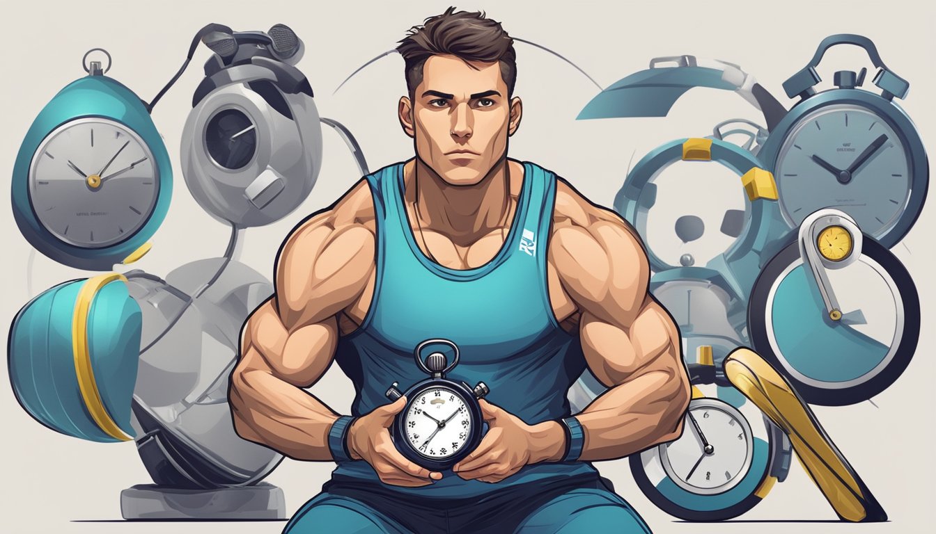 An athlete in a fasted state, surrounded by sports equipment and a stopwatch, with a determined expression and a sense of focus and discipline