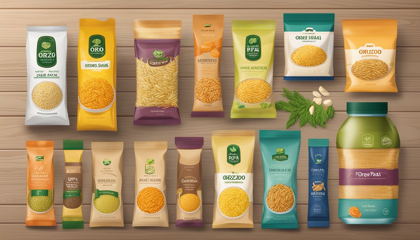 A variety of orzo pasta brands arranged on a wooden table with colorful packaging and different shapes and sizes