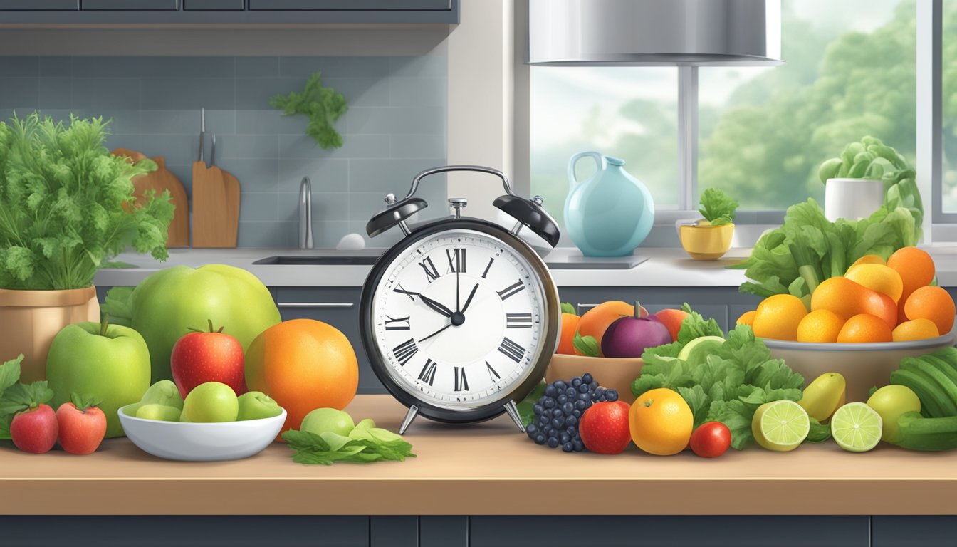 A serene kitchen counter with a clock showing 16 hours fasted, surrounded by fresh fruits, vegetables, and a glass of water