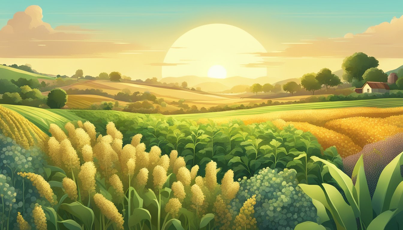 A lush field of organic quinoa stretches to the horizon, surrounded by diverse plant and animal life. The sun shines down, highlighting the sustainable farming practices in action