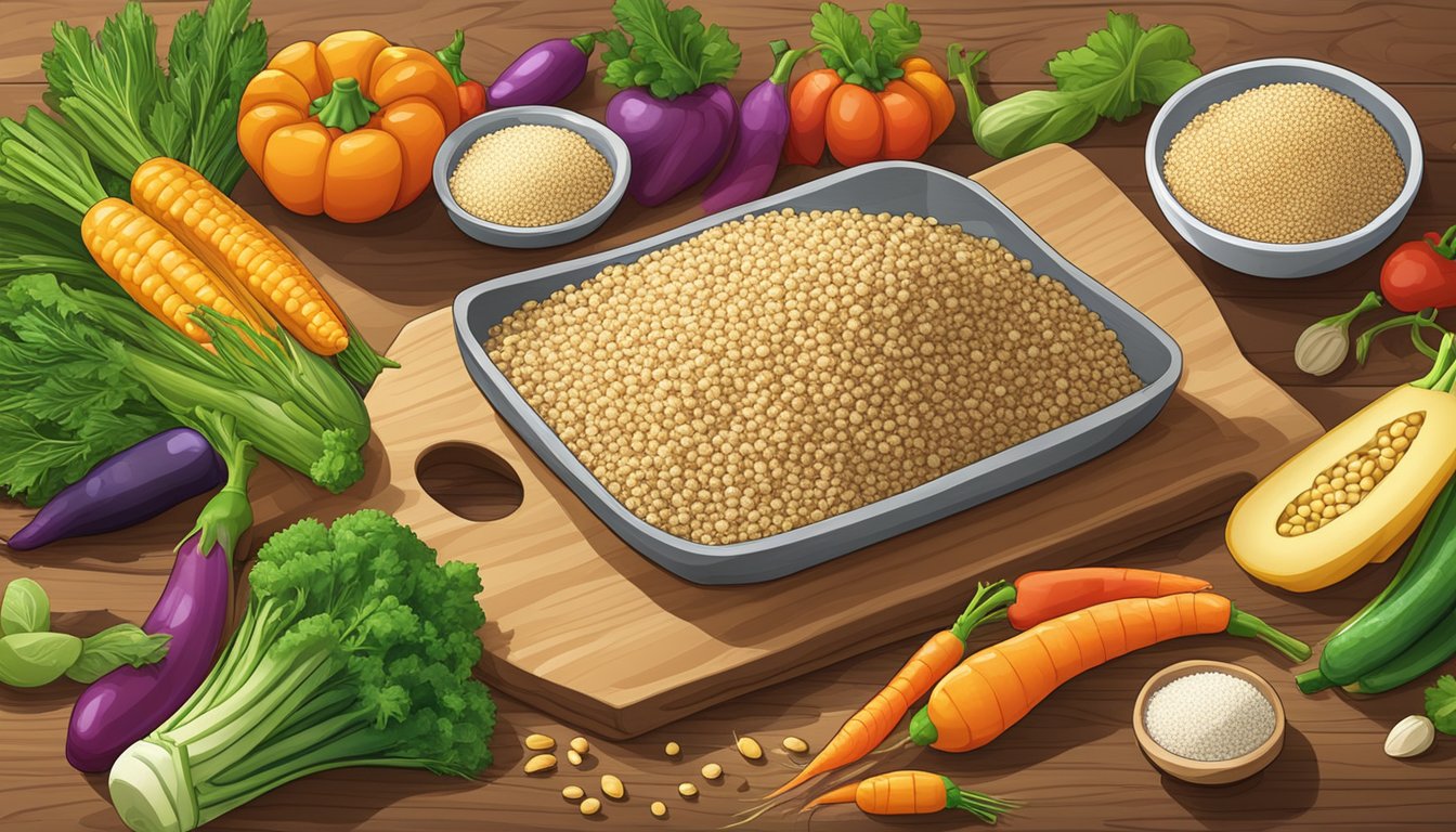 A bag of Roland organic quinoa surrounded by colorful vegetables and grains on a wooden cutting board