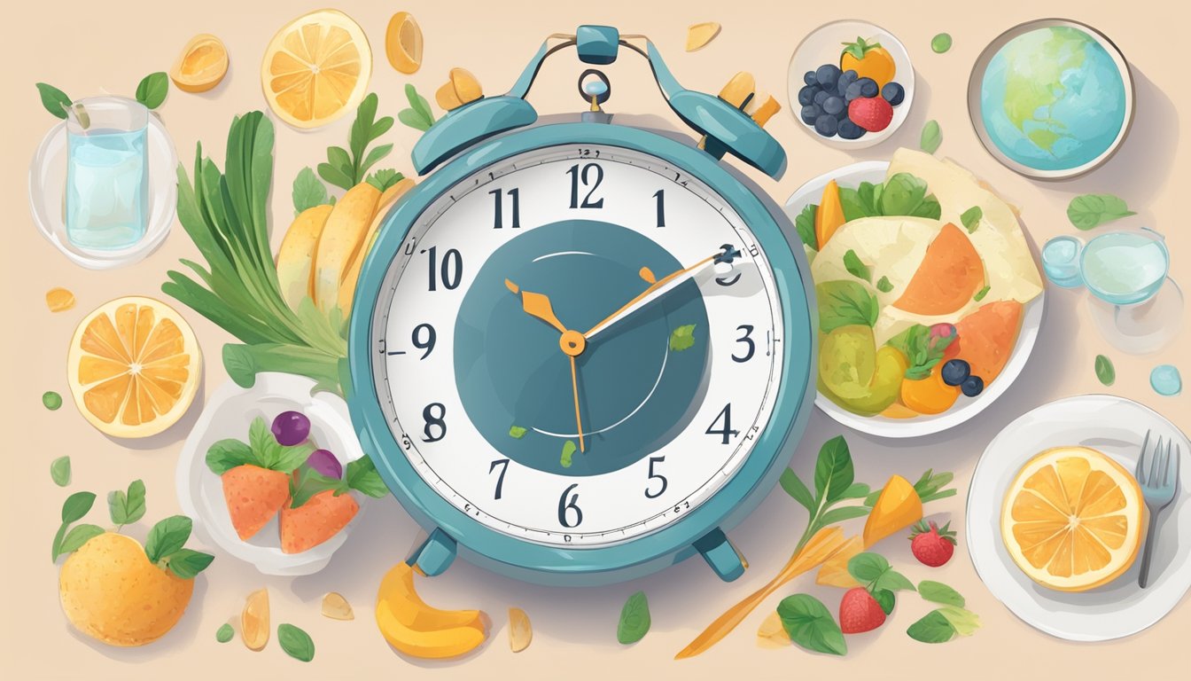 A clock showing 16:8 fasting schedule with healthy food and water, surrounded by calming activities like yoga and meditation