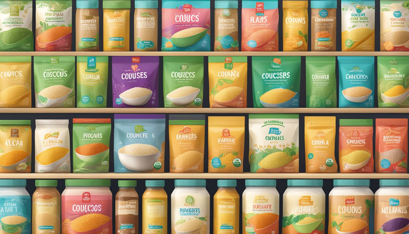 A colorful array of couscous brands displayed on shelves with vibrant packaging and labels showcasing their health and nutrition benefits