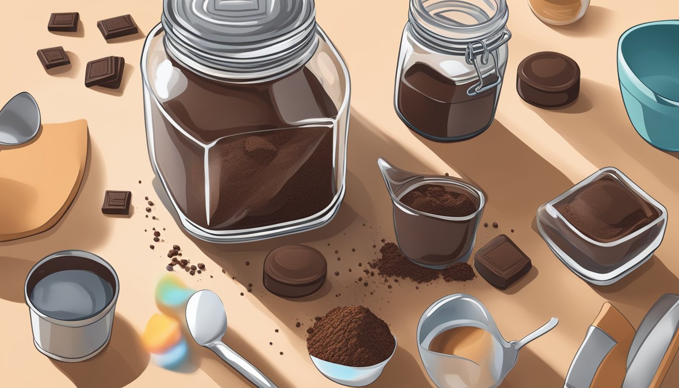 A hand pours Hershey's cocoa powder into a glass jar on a clean, organized kitchen counter