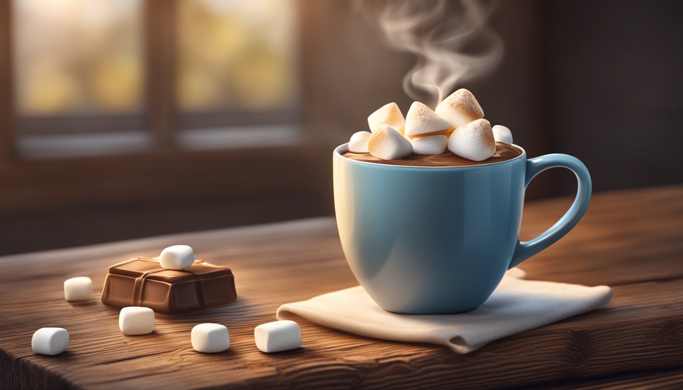 A steaming mug of hot chocolate with marshmallows on a rustic wooden table