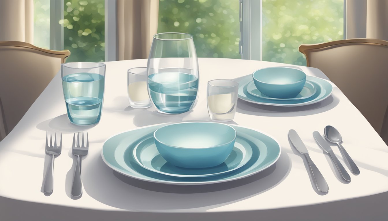 A serene table setting with an empty plate and glass of water, surrounded by a calm, peaceful atmosphere