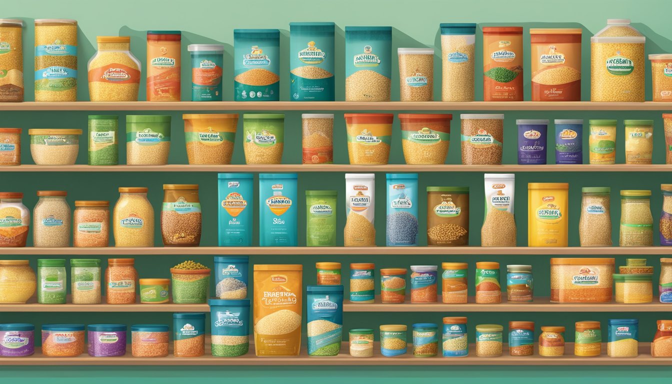 A variety of couscous brands displayed on shelves with colorful packaging and labels, showcasing different sizes and types of couscous