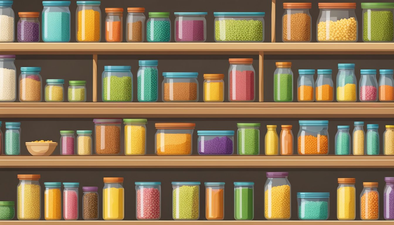 A well-organized pantry with rows of colorful couscous packages neatly arranged on sturdy shelves