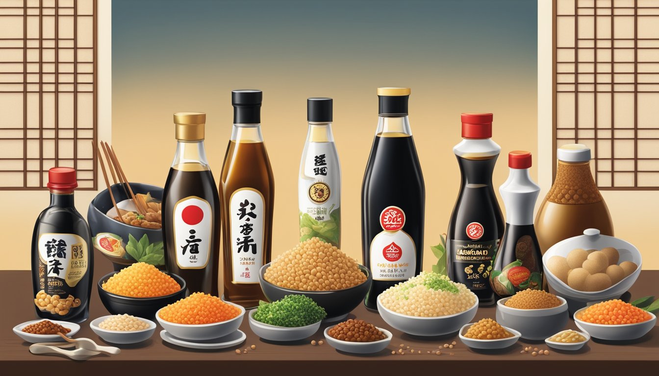 A bottle of Kikkoman soy sauce surrounded by various types of soy sauce dishes and ingredients