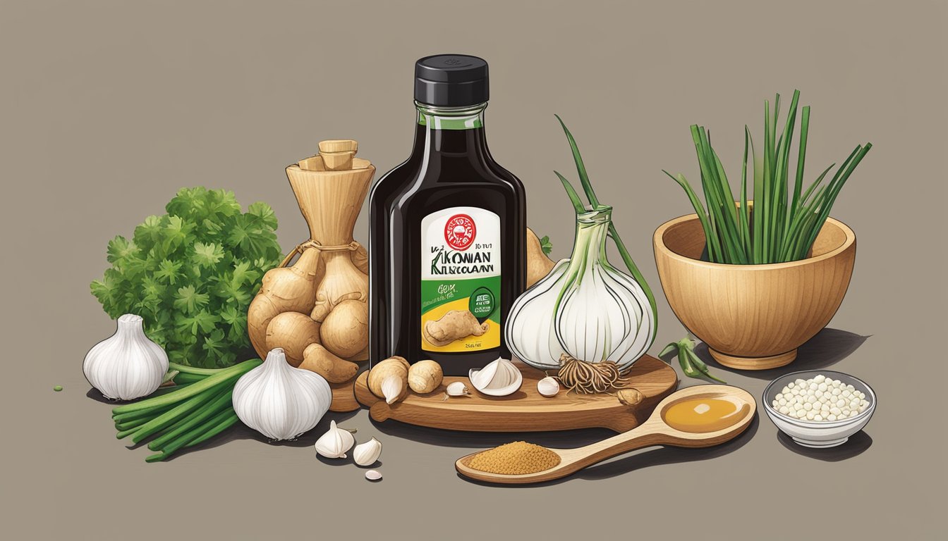 A bottle of Kikkoman soy sauce surrounded by various ingredients like ginger, garlic, and green onions, with a measuring spoon nearby