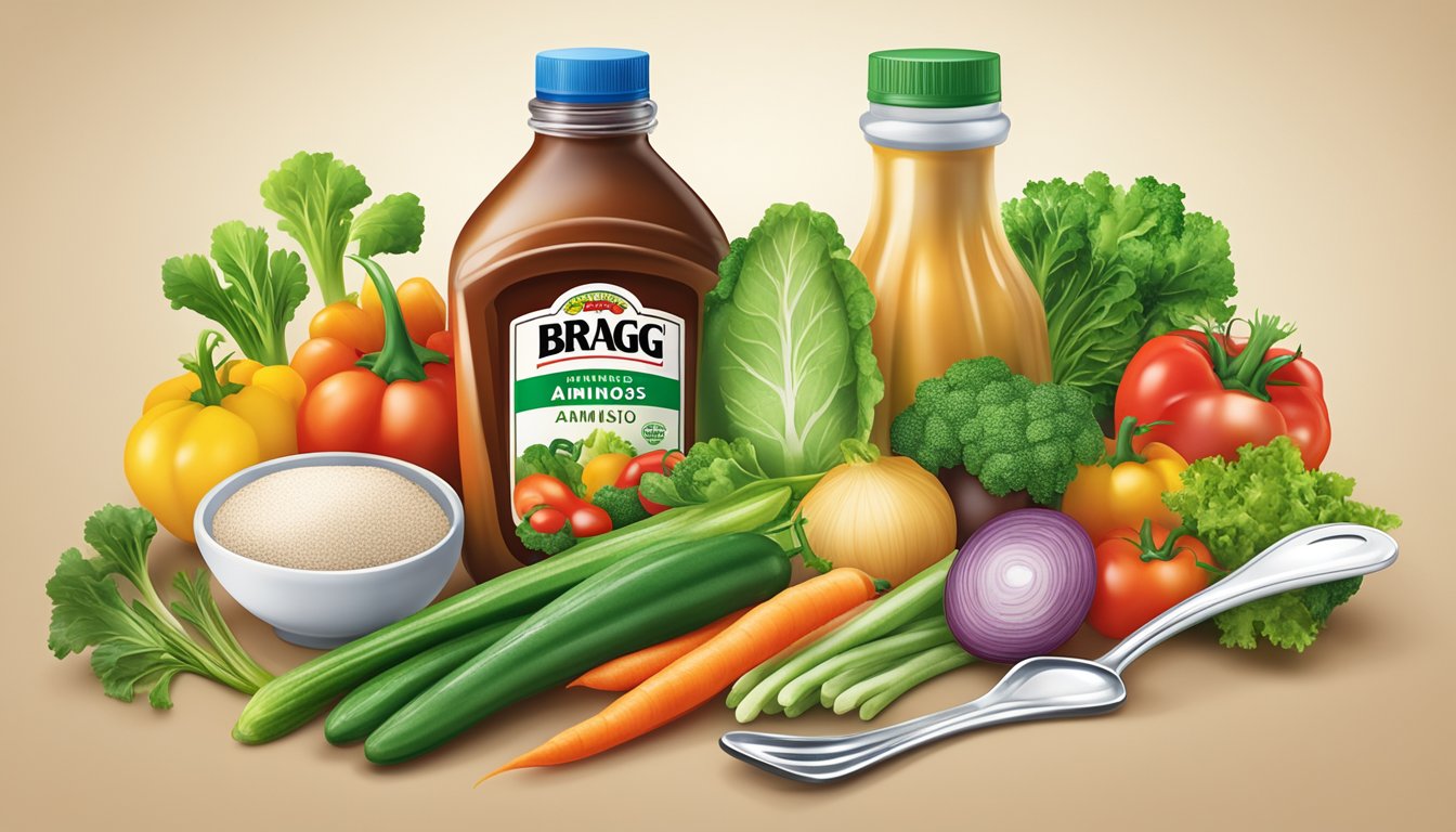 A bottle of Bragg Liquid Aminos surrounded by fresh vegetables and a measuring spoon