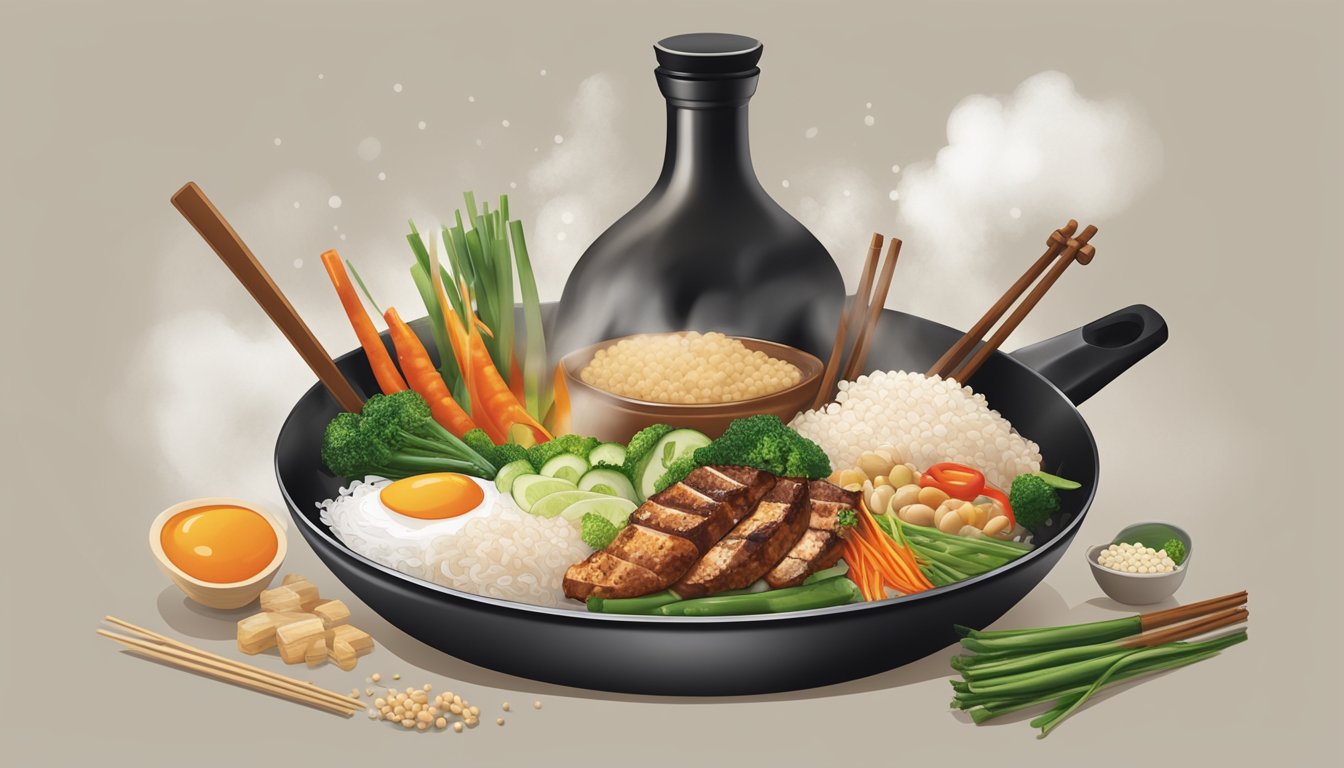 A bottle of Kikkoman soy sauce surrounded by various ingredients and cooking utensils, with steam rising from a sizzling stir-fry in a wok