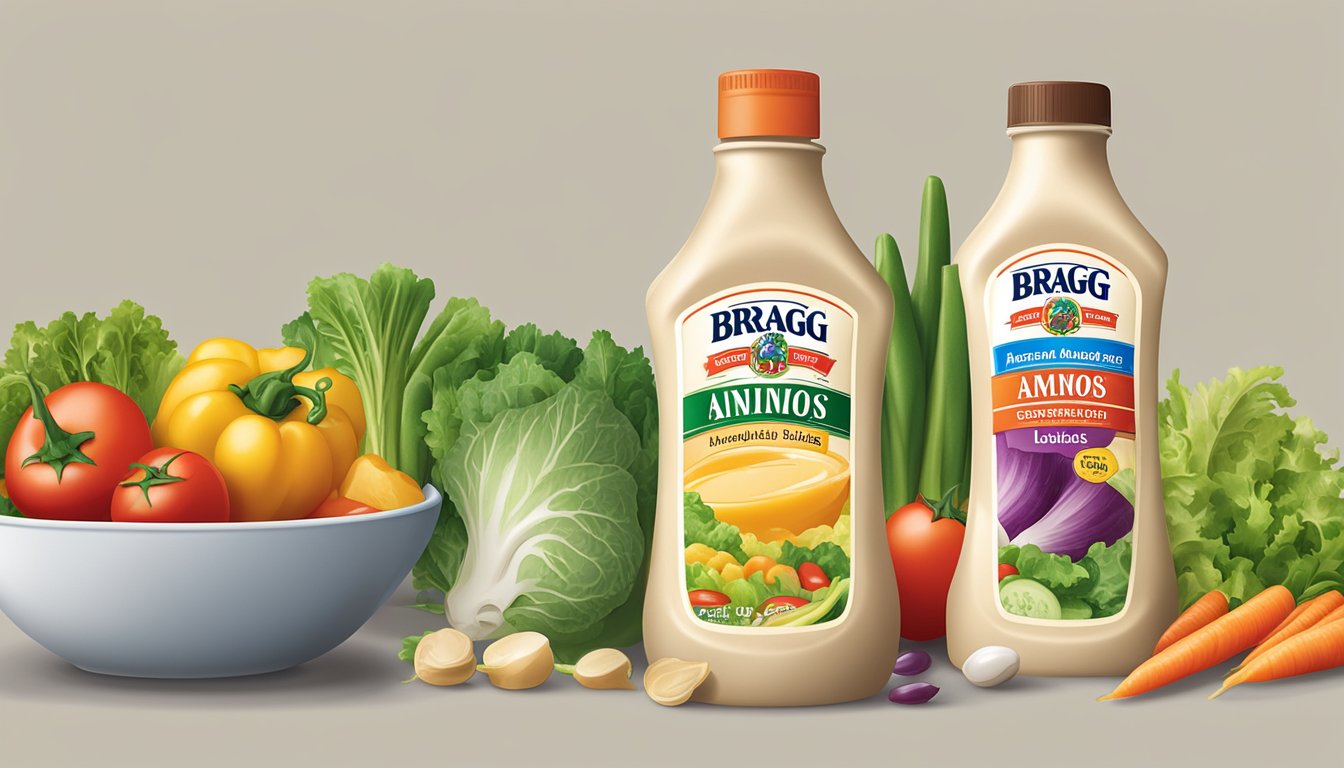 A bottle of Bragg Liquid Aminos surrounded by fresh vegetables and a bowl of salad dressing