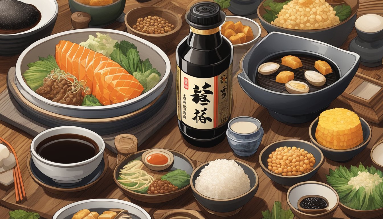 A bottle of Kikkoman soy sauce surrounded by various Japanese dishes and ingredients on a traditional wooden table