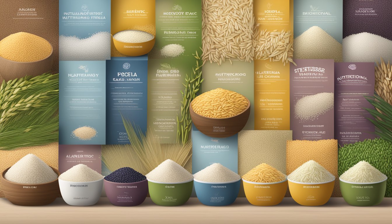 A variety of rice brands arranged in a display, each labeled with its nutritional values