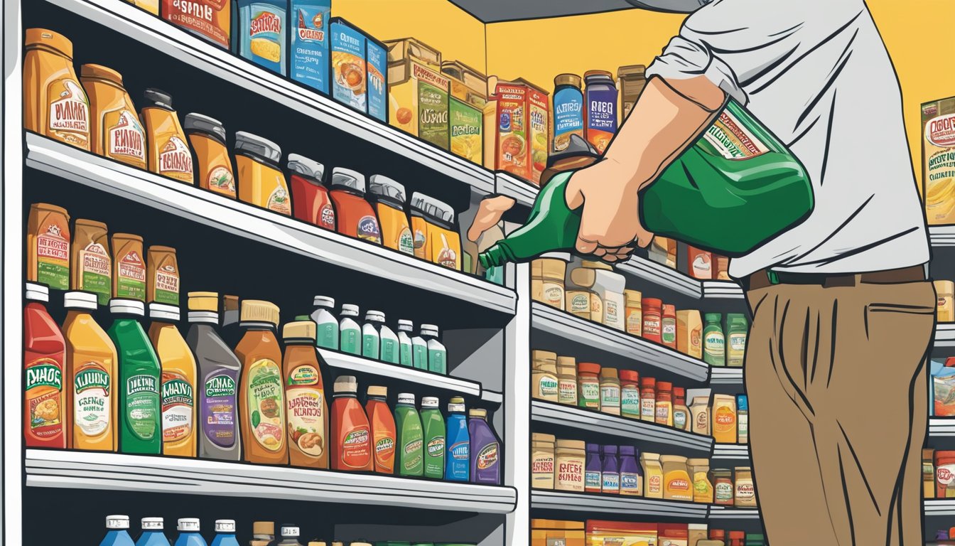 A hand reaching for a bottle of Bragg Liquid Aminos on a shelf next to other condiments and sauces in a grocery store