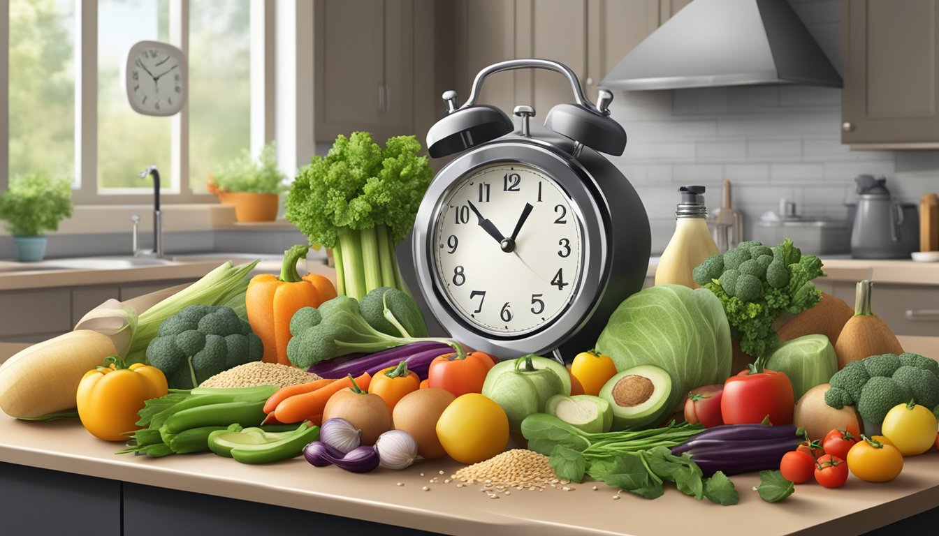 A kitchen counter with a variety of fresh vegetables, fruits, grains, and lean proteins, along with a clock showing an 8-hour window