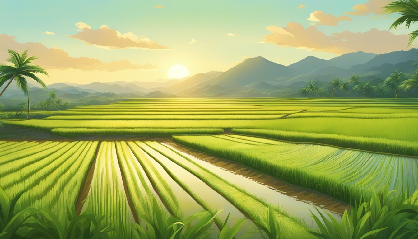 Lush rice paddies stretch to the horizon, bathed in golden sunlight. A gentle breeze rustles the vibrant green stalks, promising a bountiful harvest