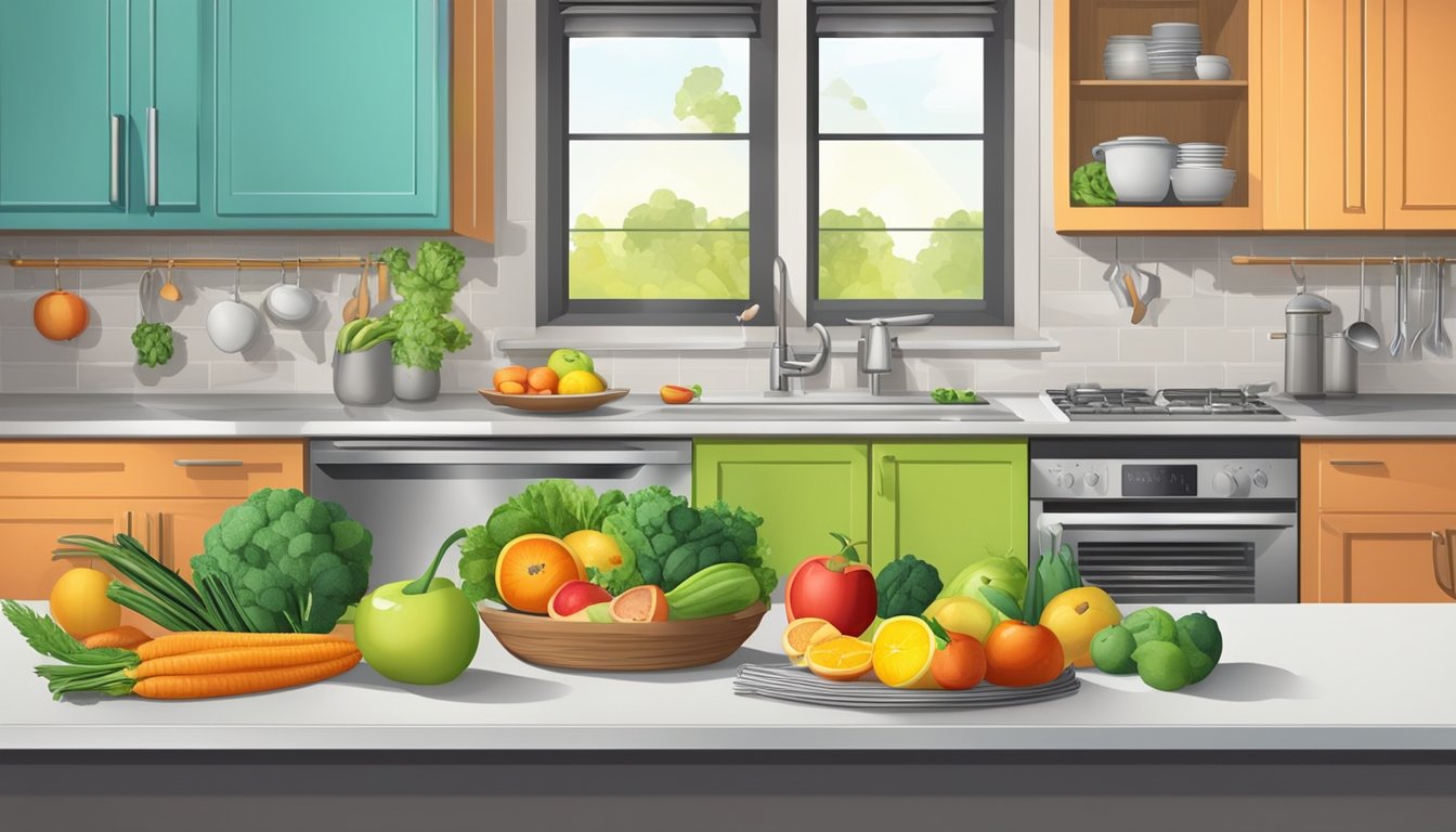 A kitchen counter with a variety of colorful fruits, vegetables, and cooking utensils. A clock on the wall shows the 8-hour fasting window