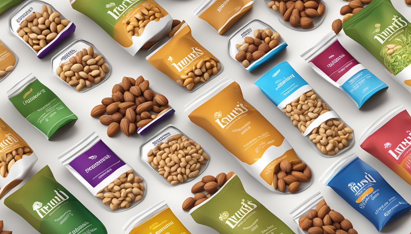 A variety of nuts arranged in a balanced and appealing display, with focus on the packaging of different brands