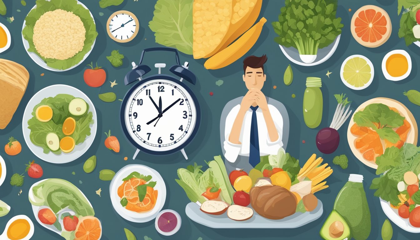 A busy professional with a packed schedule, surrounded by healthy food options and a clock showing a 16:8 fasting schedule