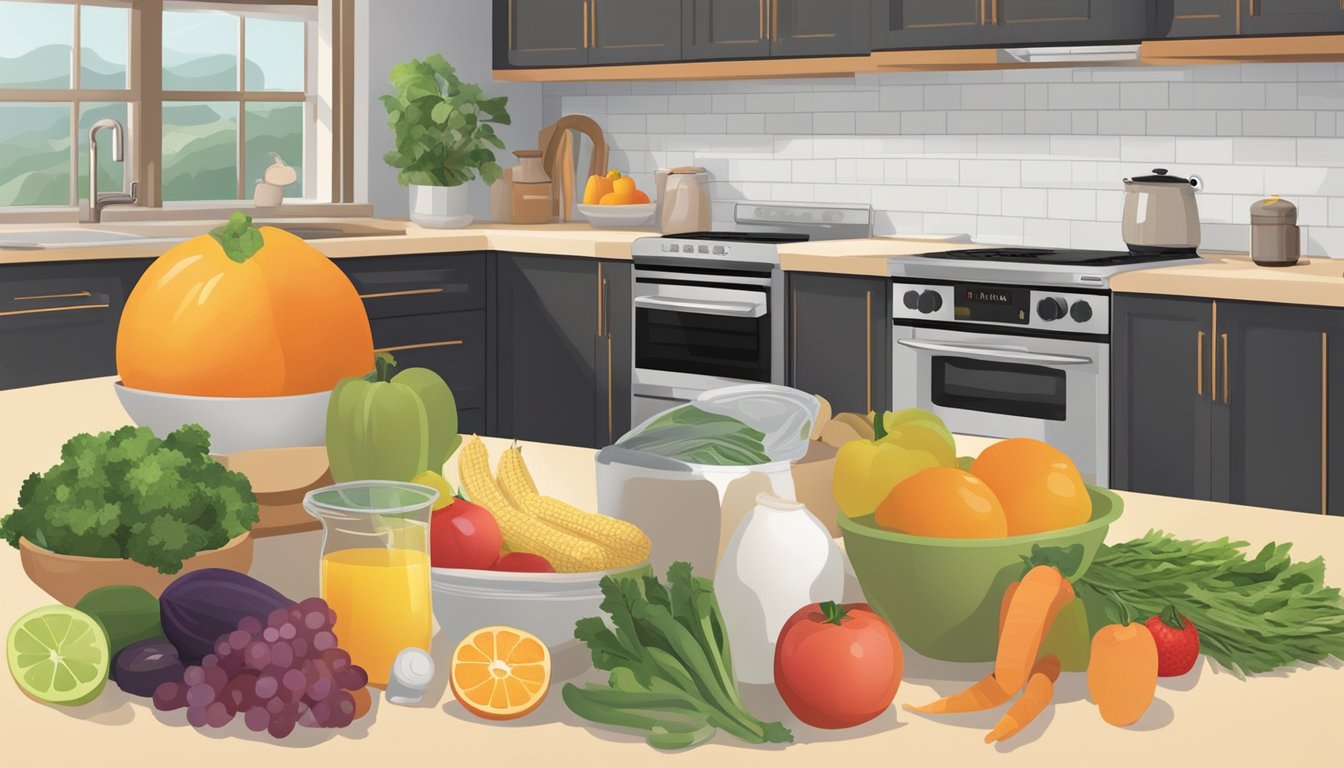 A kitchen counter with a variety of fresh fruits, vegetables, and whole grains. A digital timer set to 8 hours. A cookbook open to fasting-friendly recipes