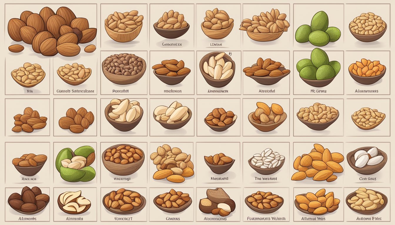 A variety of nuts arranged in a colorful display, including almonds, walnuts, and cashews, with labels indicating they are suitable for special diets