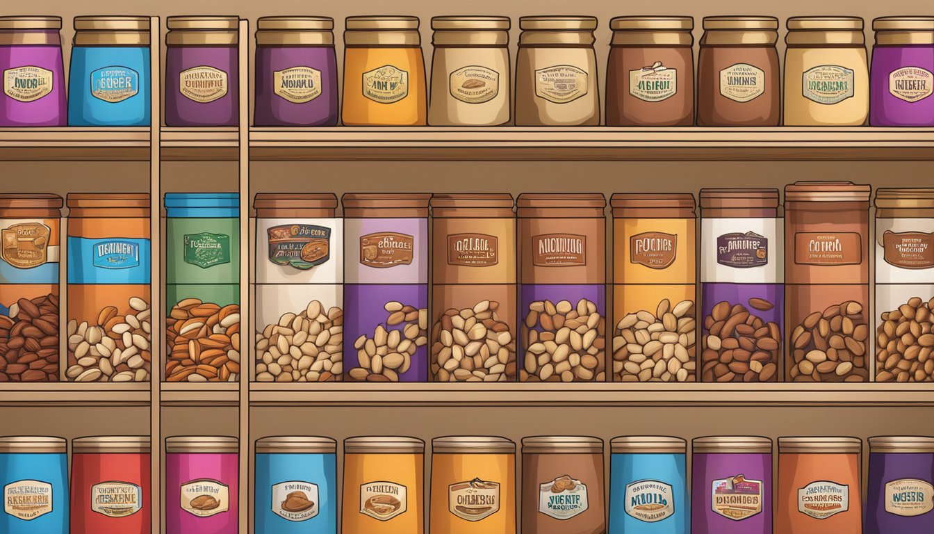 A variety of nuts arranged in a colorful display, with labels of top nut brands