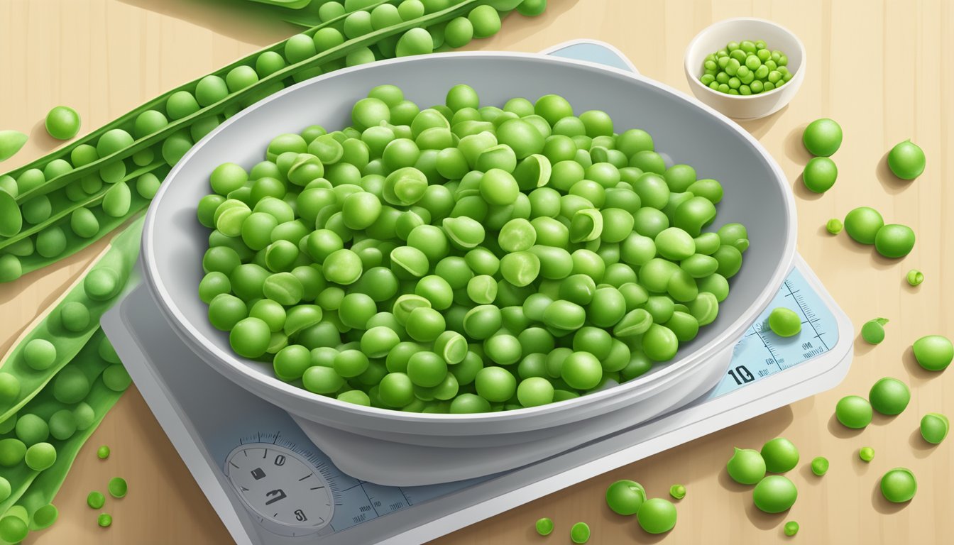 A bowl of Calbee Snapea Crisps surrounded by fresh green peas and a measuring scale