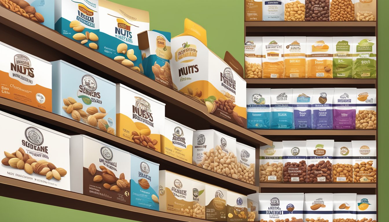 A variety of nuts in branded packaging displayed on a shelf with a focus on the different labels and logos