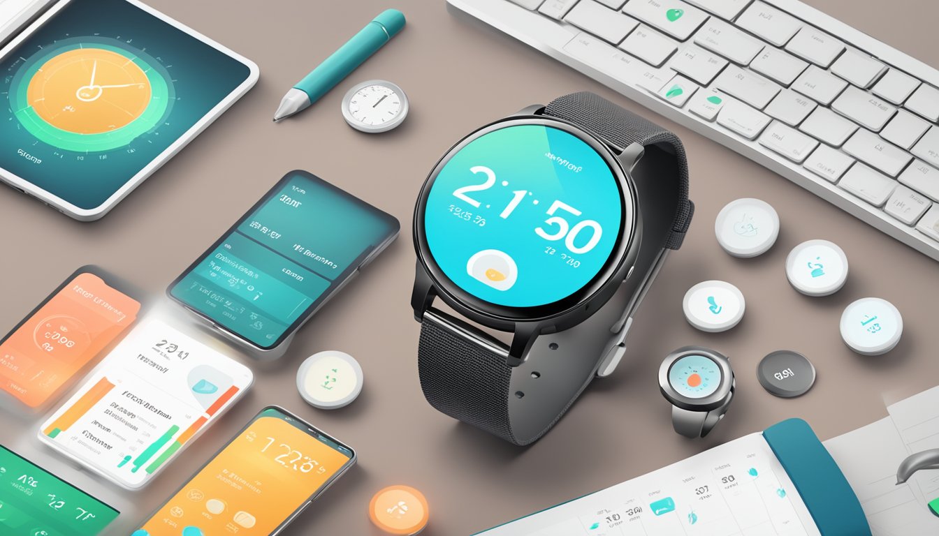 A sleek smartwatch displaying various health metrics, a digital timer set to 16:8, and a busy professional's packed schedule on a desk