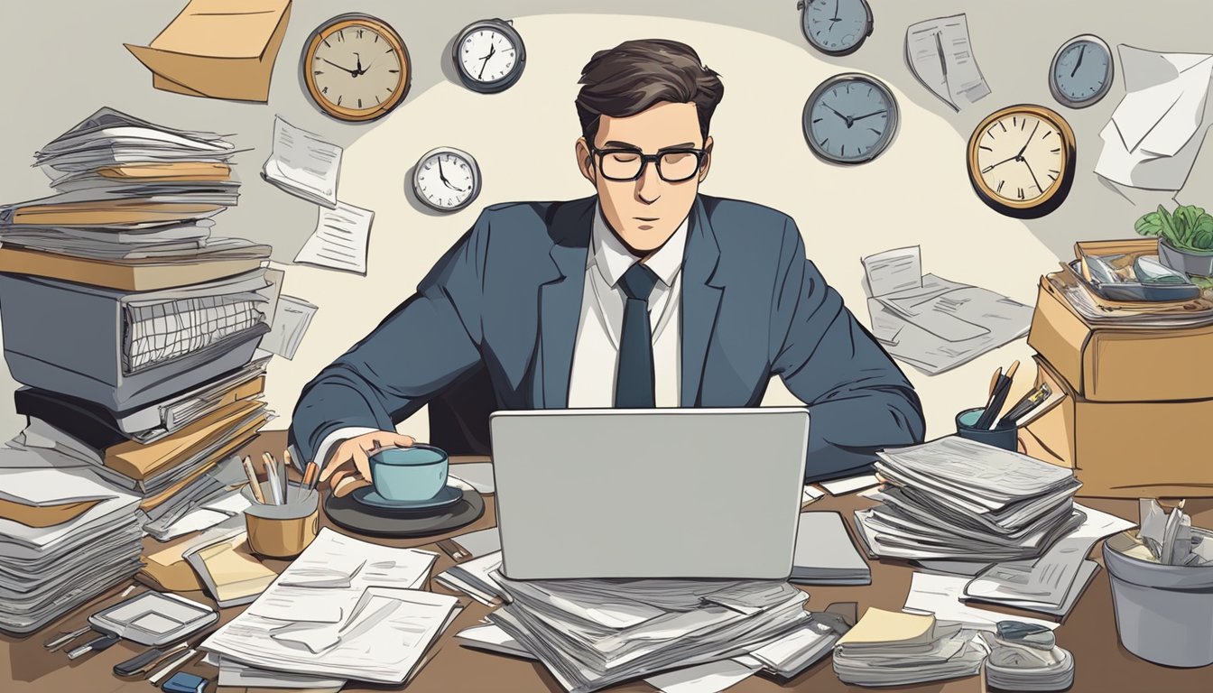 A busy professional sitting at a cluttered desk, surrounded by papers and a computer, with a clock showing the time at 8 PM. A plate of food sits untouched nearby