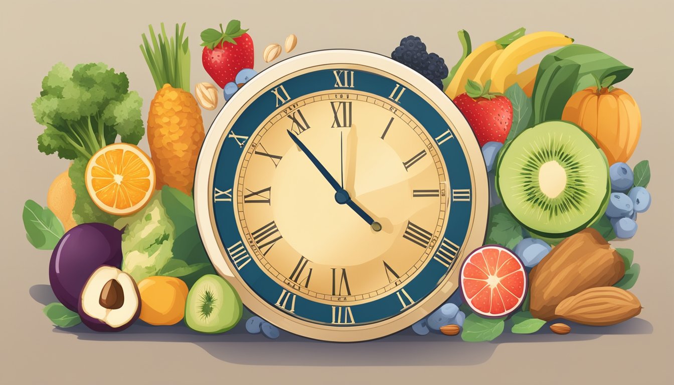 A table with a variety of nutrient-rich foods, such as fruits, vegetables, nuts, and seeds, alongside a clock showing the 16:8 fasting schedule