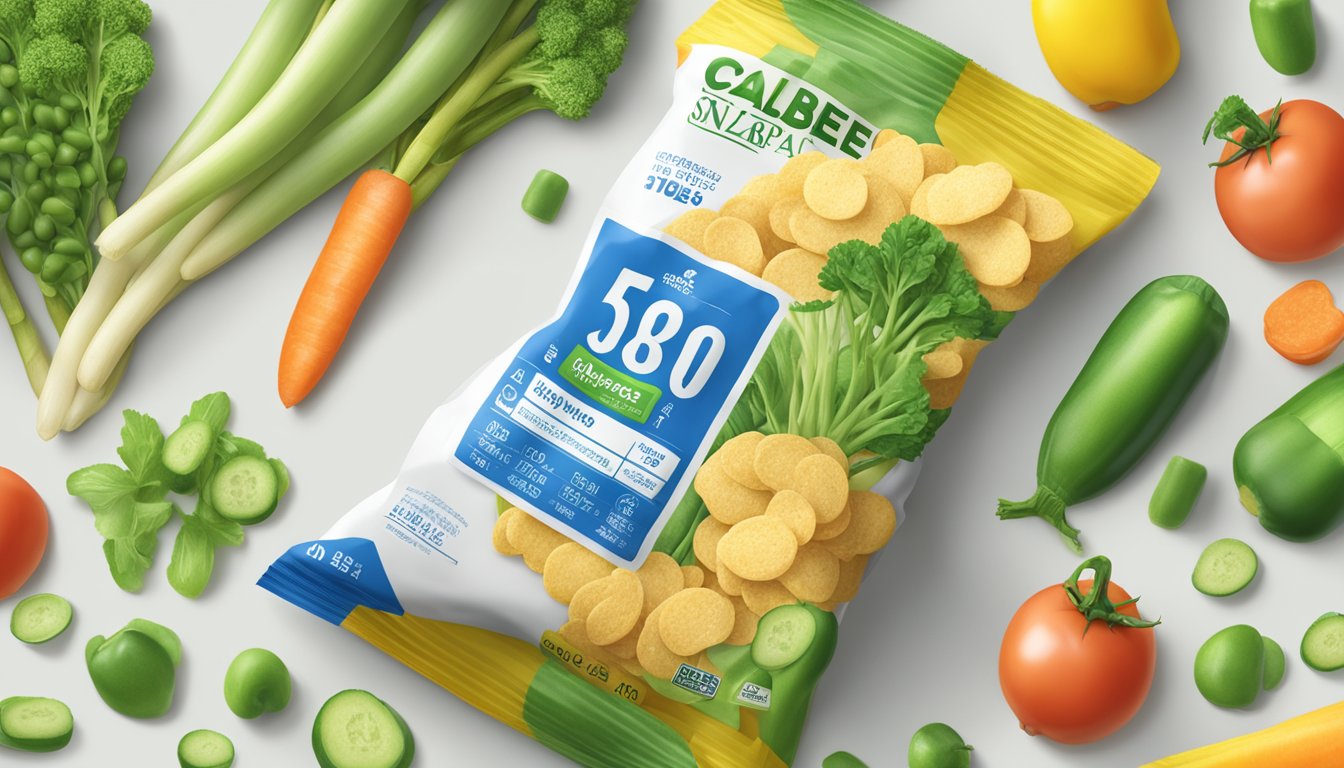 A bag of Calbee Snapea Crisps surrounded by fresh vegetables and a nutrition label