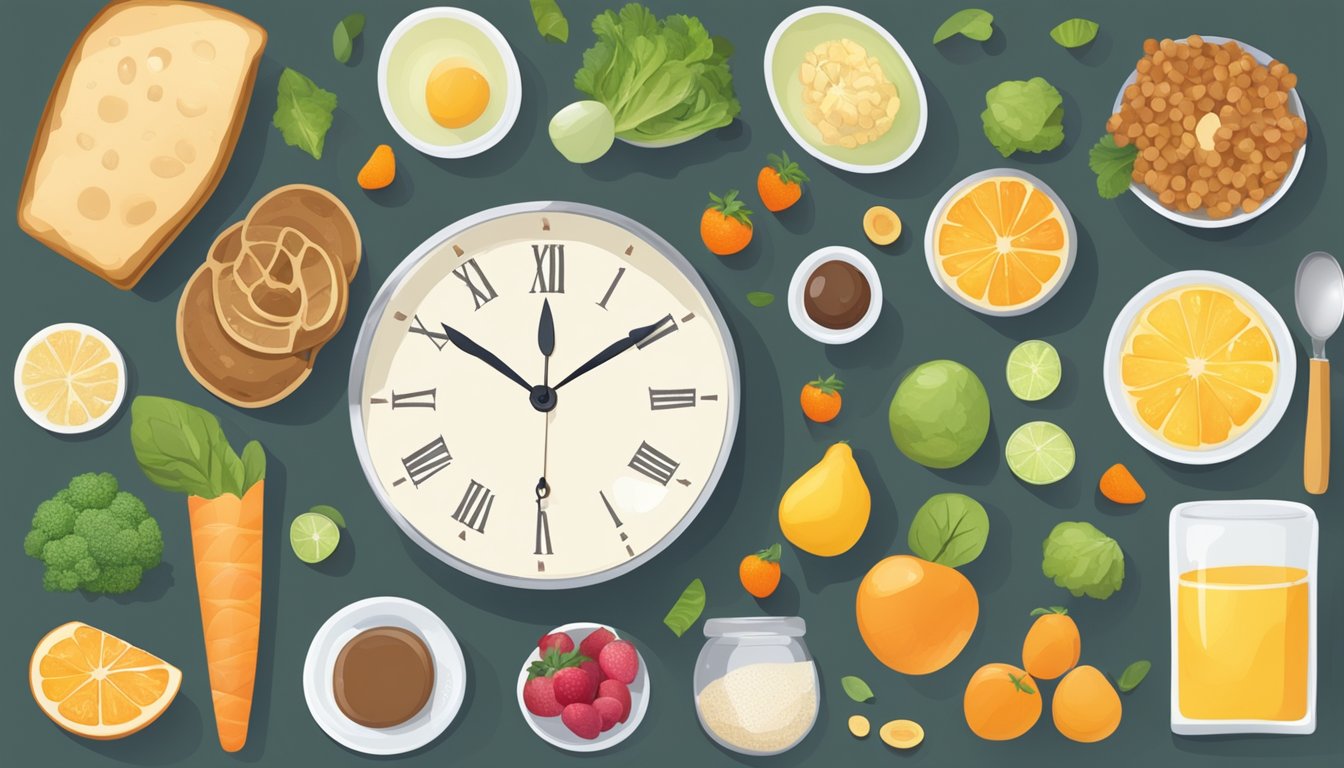 A table set with a variety of healthy foods, a clock showing the 16:8 fasting schedule, and a clear, glowing complexion