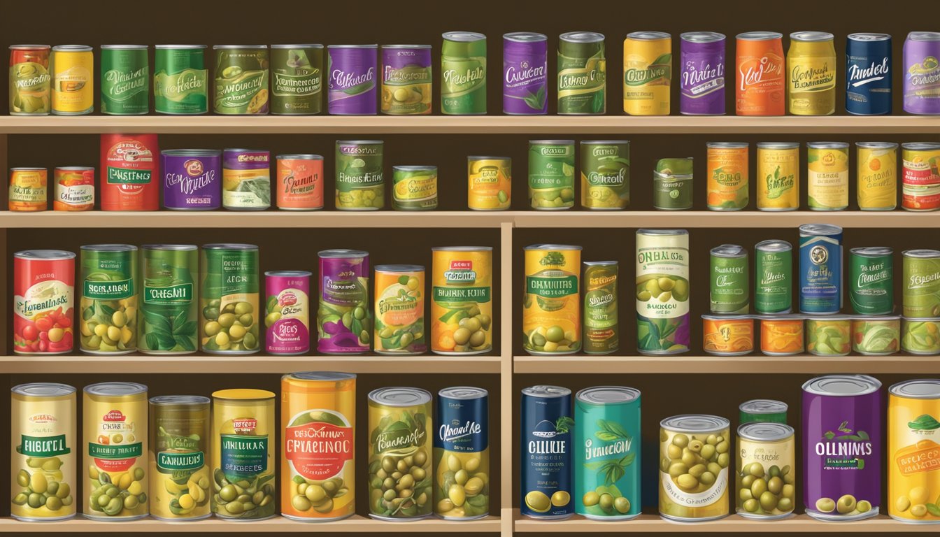 A shelf filled with various canned olive brands, neatly arranged with colorful labels and different sized cans