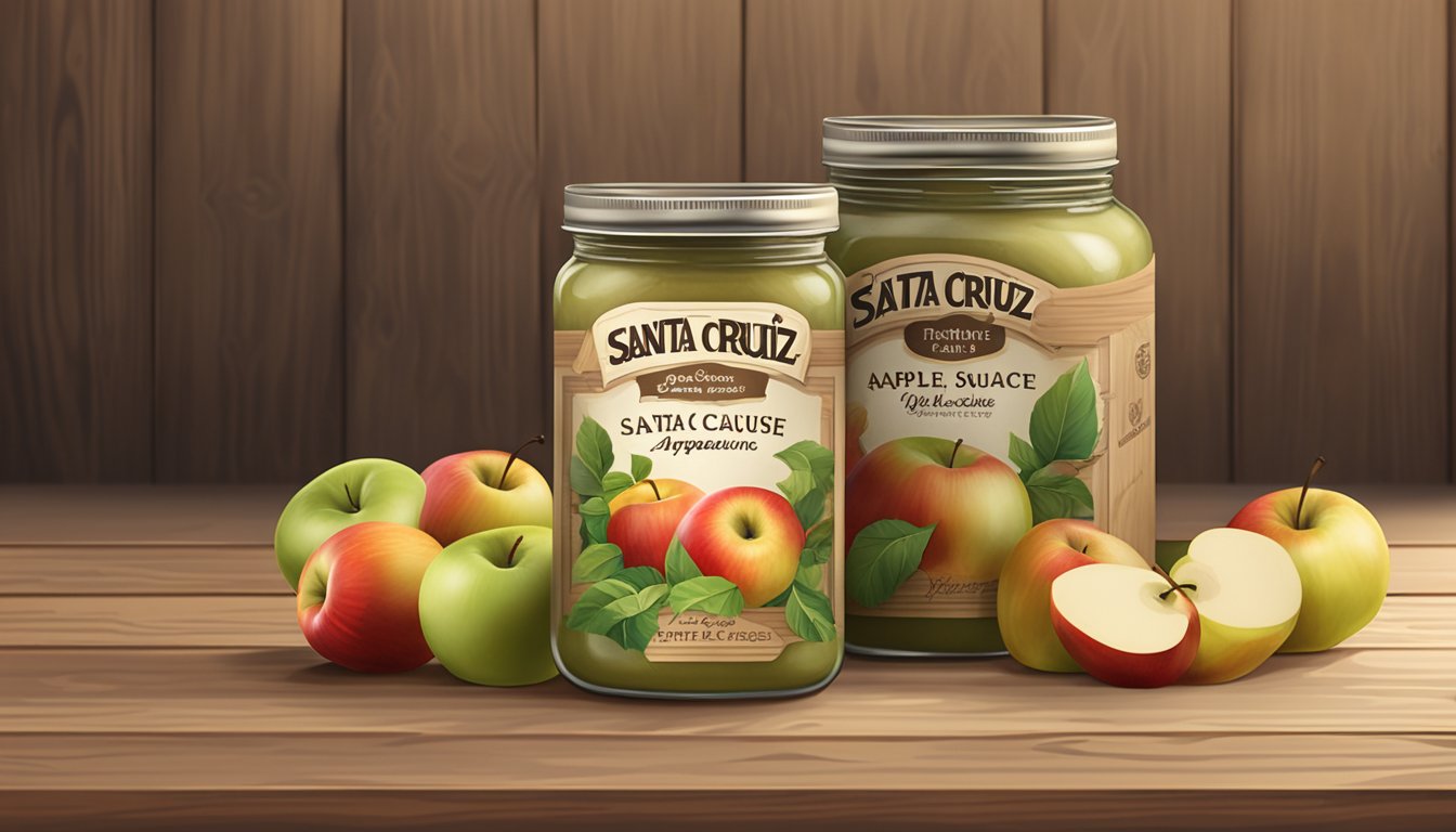 A jar of Santa Cruz organic applesauce surrounded by fresh, ripe apples and a rustic wooden crate