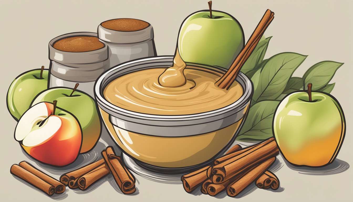 A jar of Santa Cruz Organic applesauce being poured into a mixing bowl surrounded by fresh apples and cinnamon sticks