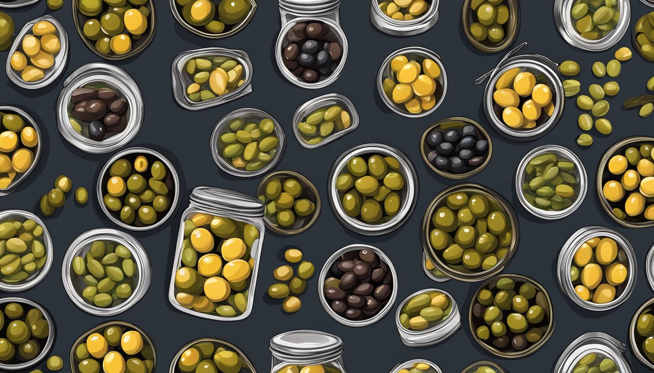 A variety of canned olives arranged on a wooden table, with different brands and types displayed for selection