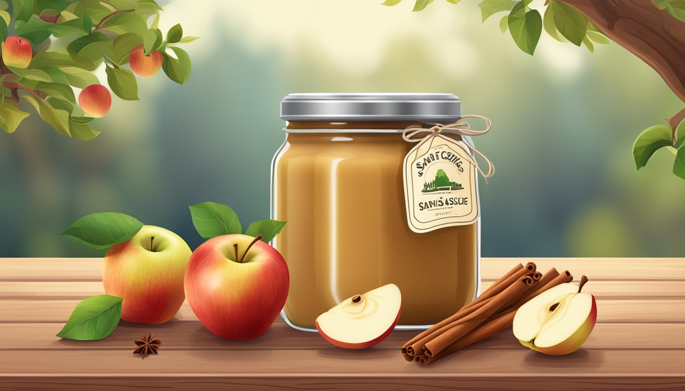 A jar of Santa Cruz Organic Applesauce surrounded by fresh apples and cinnamon sticks on a wooden table