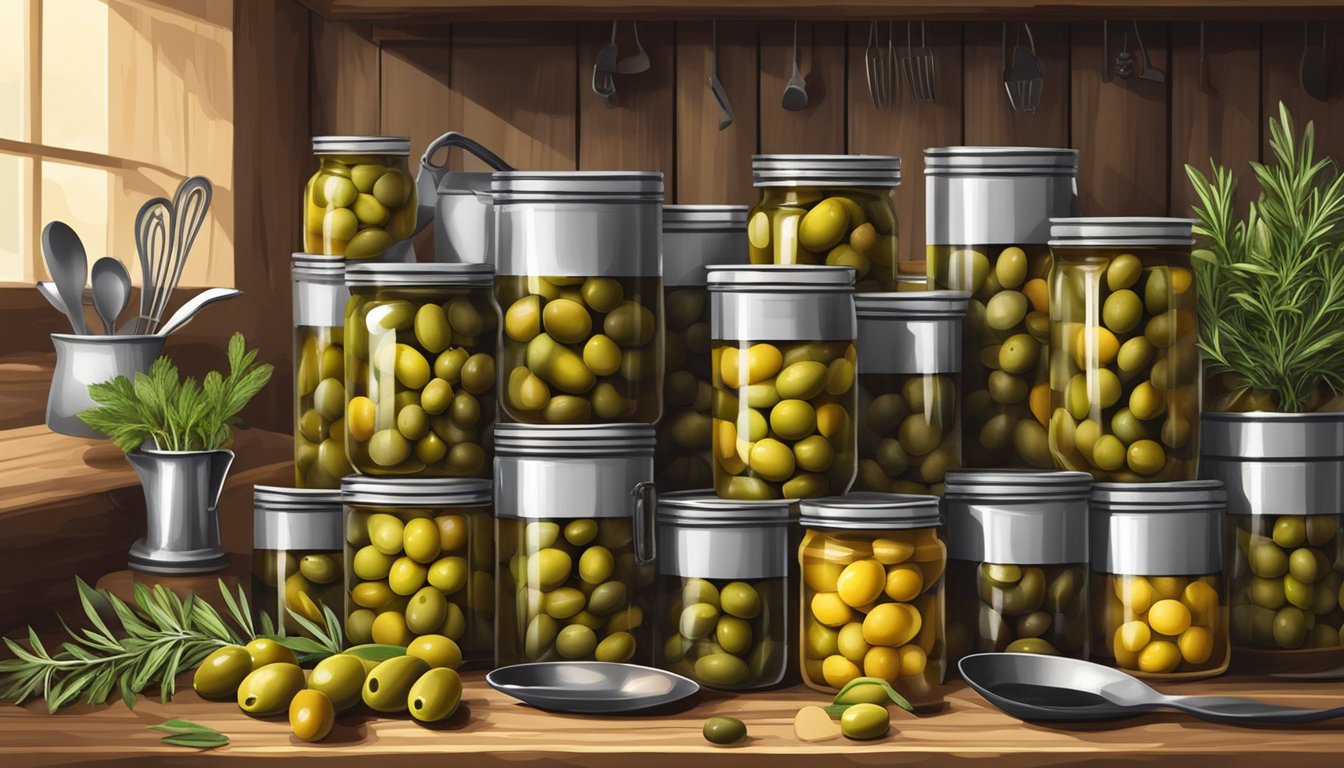 A colorful array of canned olives, arranged in a rustic kitchen setting with assorted cooking utensils and fresh herbs