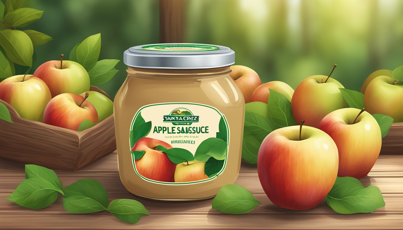 A jar of Santa Cruz organic applesauce surrounded by fresh, ripe apples and green leaves on a wooden table