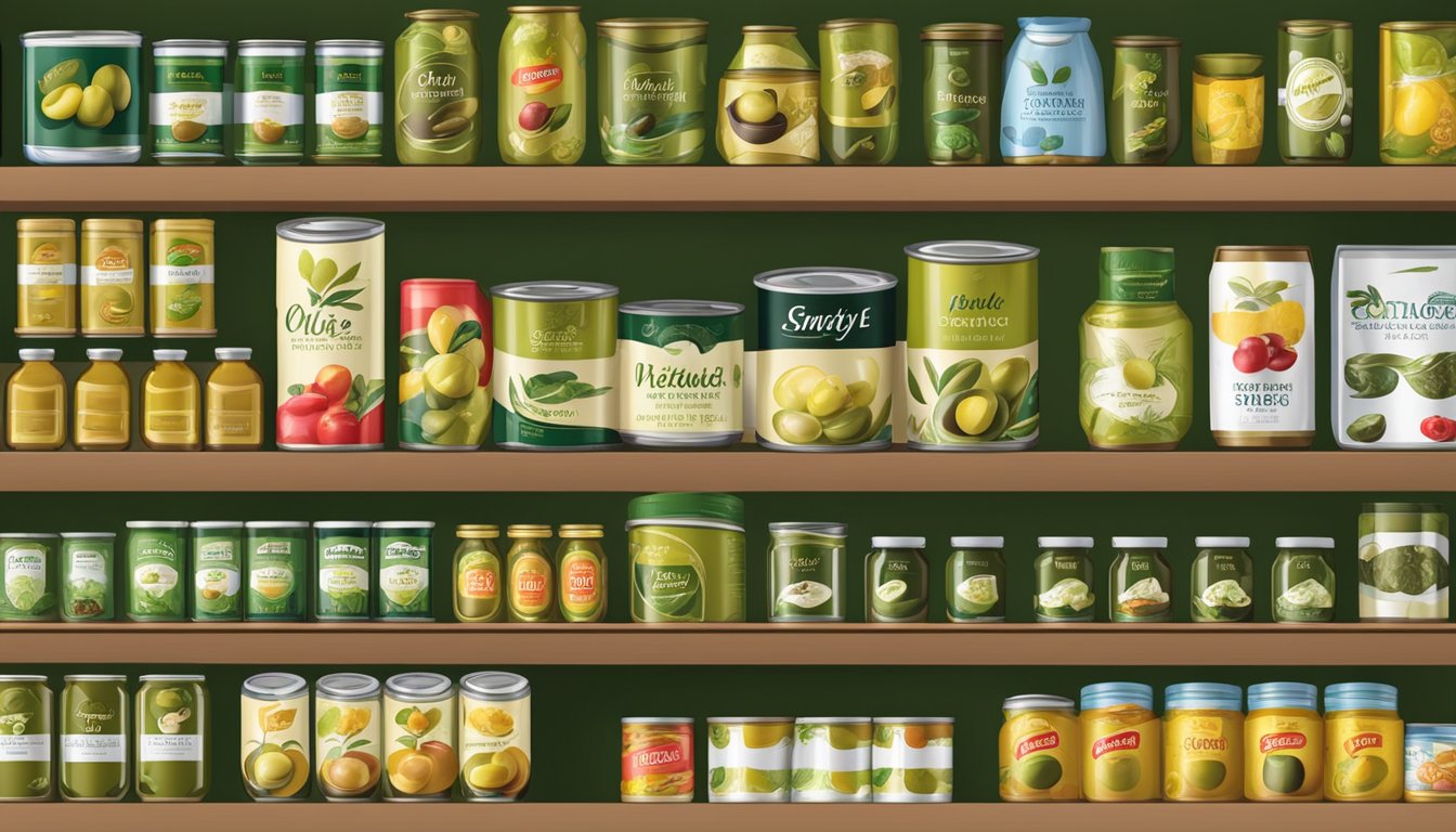 A display of various canned olive products, including different brands and variants, arranged neatly on a shelf